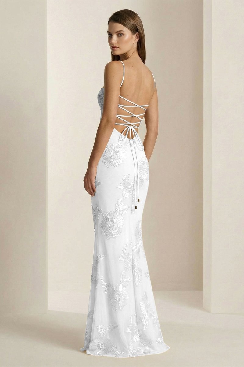 Yellow Spaghetti Straps Sheath Long Prom Dresses With Floral Embroidery