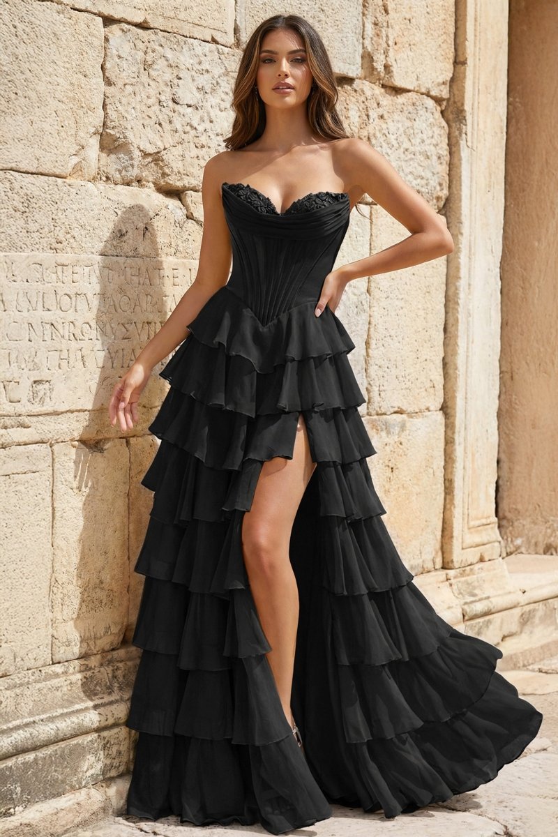 Strapless A-Line Ruffle Long Prom Dress With Split