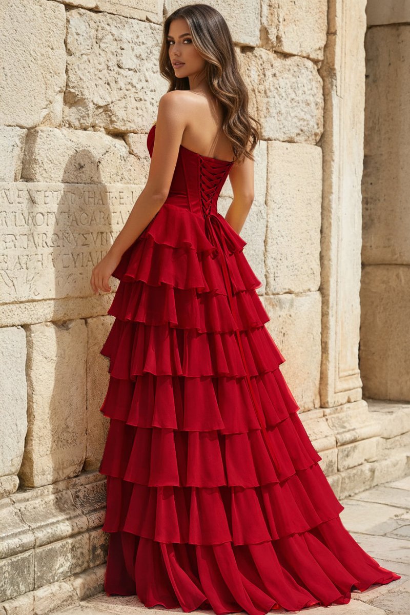 Strapless A-Line Ruffle Long Prom Dress With Split