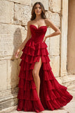 Strapless A-Line Ruffle Long Prom Dress With Split