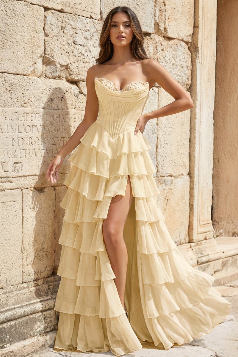 strapless a-line ruffle long prom dress with split Strapless A-Line Waist Corset Ruffle Long Prom Dress With Split Frisco Dresses