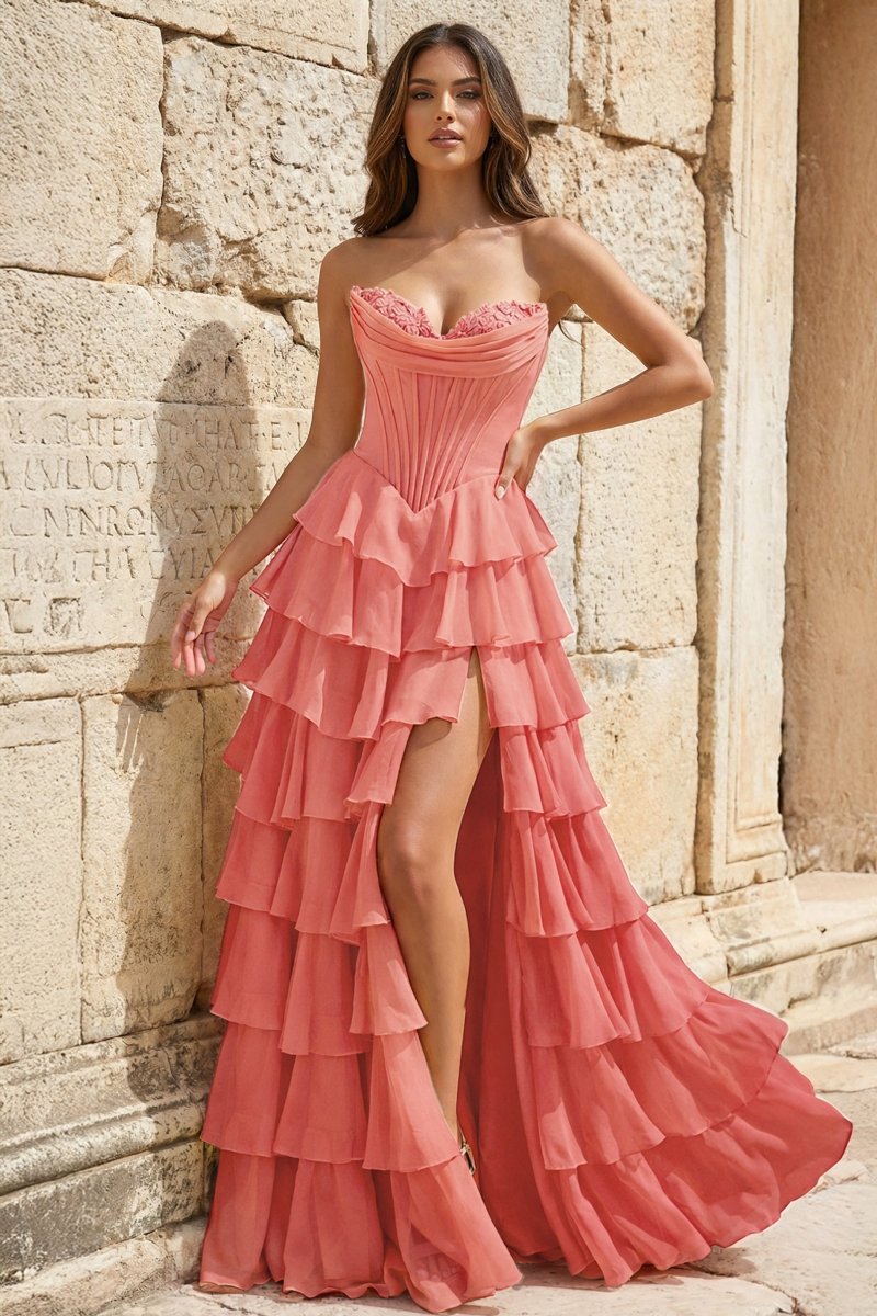 Strapless A-Line Ruffle Long Prom Dress With Split