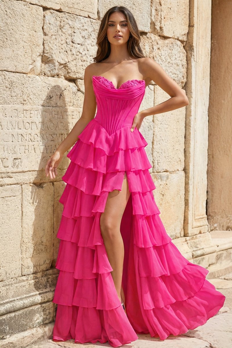 Strapless A-Line Ruffle Long Prom Dress With Split