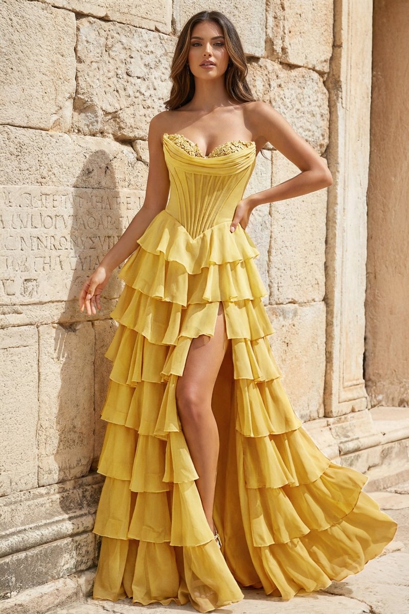 Strapless A-Line Ruffle Long Prom Dress With Split