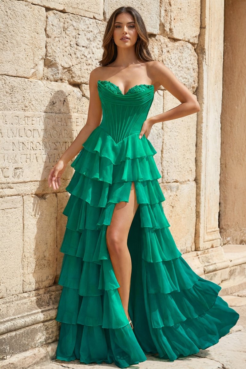 Strapless A-Line Ruffle Long Prom Dress With Split