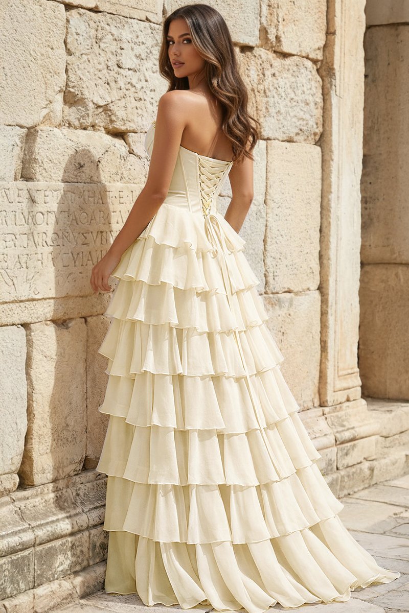 Strapless A-Line Ruffle Long Prom Dress With Split