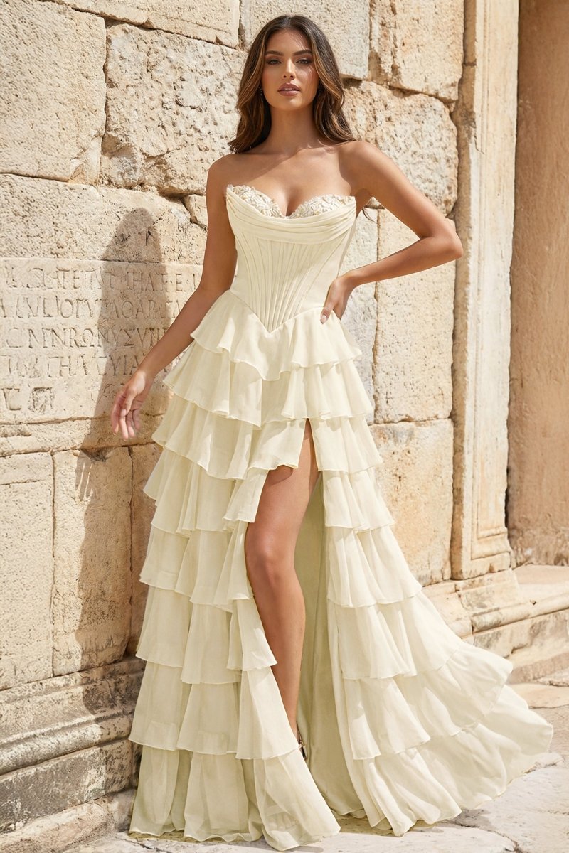 Strapless A-Line Ruffle Long Prom Dress With Split