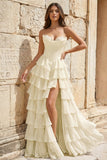 Strapless A-Line Ruffle Long Prom Dress With Split