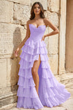 Strapless A-Line Ruffle Long Prom Dress With Split