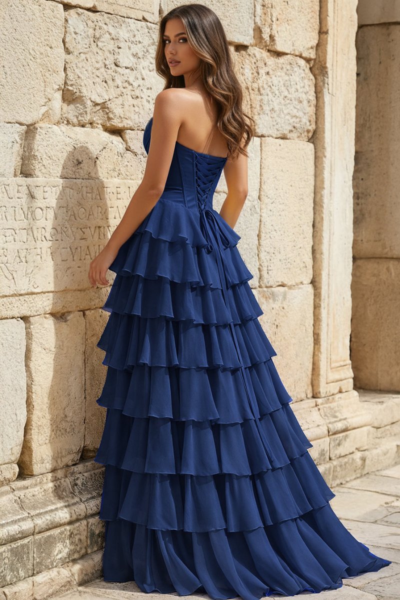 Strapless A-Line Ruffle Long Prom Dress With Split