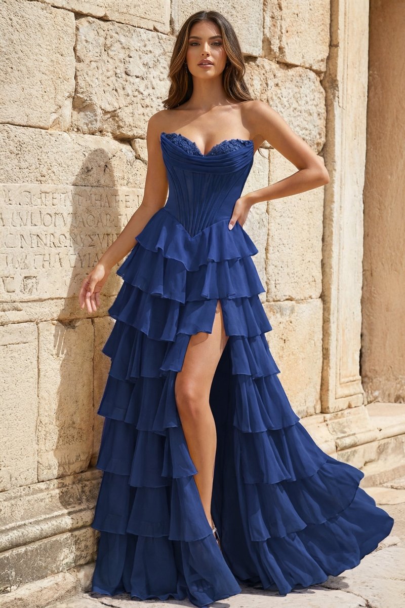 Strapless A-Line Ruffle Long Prom Dress With Split