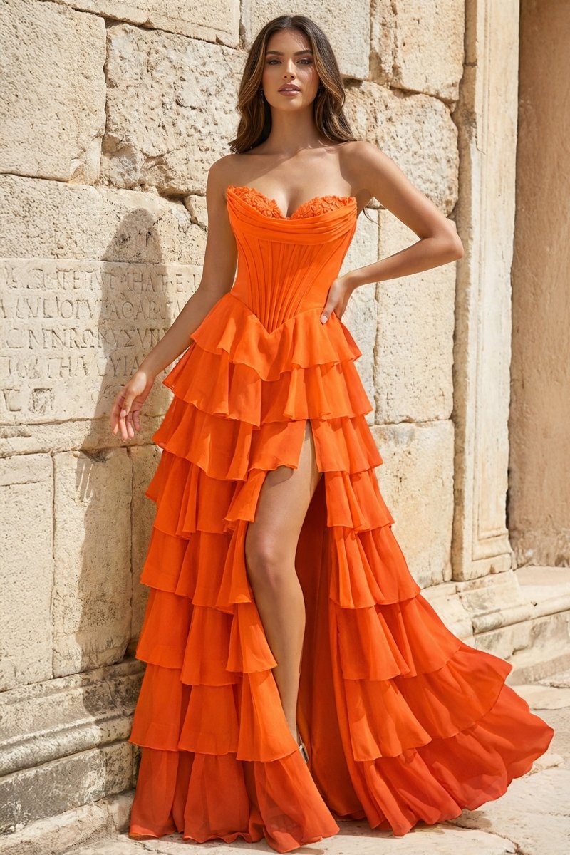Strapless A-Line Ruffle Long Prom Dress With Split