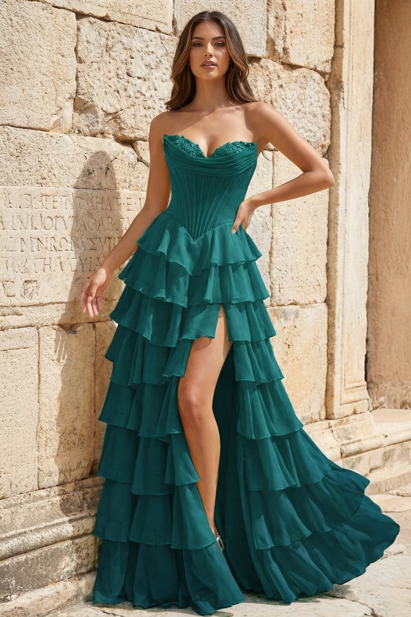 Strapless A-Line Ruffle Long Prom Dress With Split