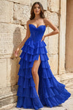 Strapless A-Line Ruffle Long Prom Dress With Split