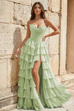 Strapless A-Line Ruffle Long Prom Dress With Split