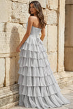 Strapless A-Line Ruffle Long Prom Dress With Split