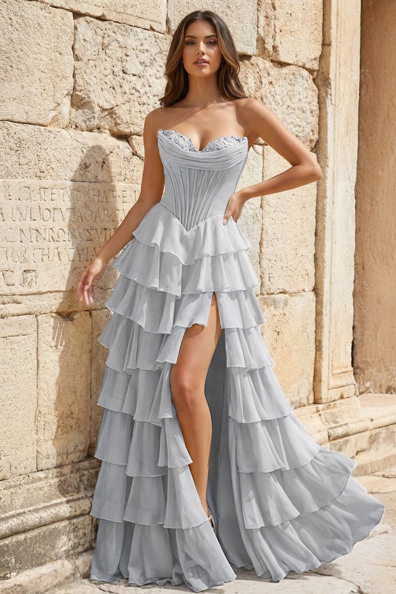 Strapless A-Line Ruffle Long Prom Dress With Split