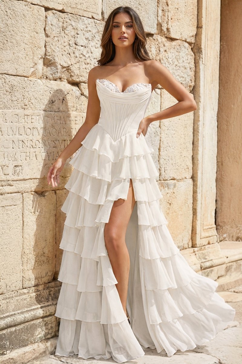 Strapless A-Line Ruffle Long Prom Dress With Split