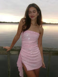 Pink - Strapless Sheath Sequins Mini Party Dresses With Side Train