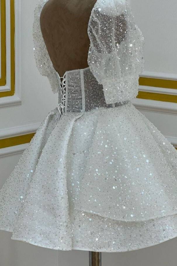 Sweetheart White Sequin Short Homecoming Dress With Puff Sleeves