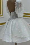Sweetheart White Sequin Short Homecoming Dress With Puff Sleeves