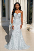 Strapless Mermaid Lace Appliques Long Prom Dress with Bow