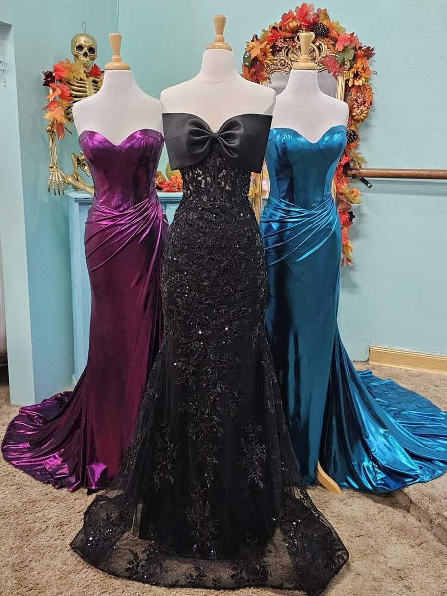 Strapless Mermaid Lace Appliques Long Prom Dress with Bow
