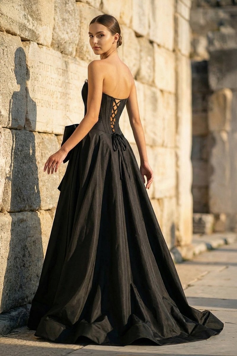 Pink - Strapless A Line Satin Pearl Long Formal Prom Dresses With Bow