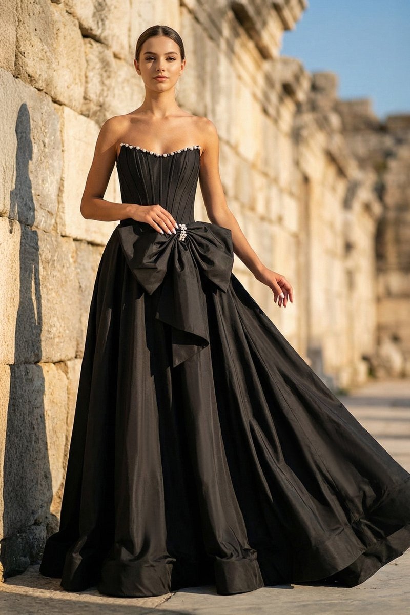 Pink - Strapless A Line Satin Pearl Long Formal Prom Dresses With Bow