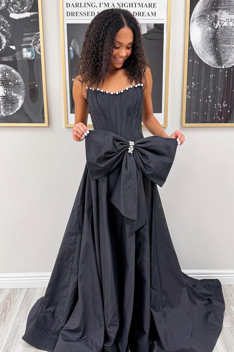 Pink - Strapless A Line Satin Pearl Long Formal Prom Dresses With Bow