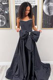 Pink - Strapless A Line Satin Pearl Long Formal Prom Dresses With Bow