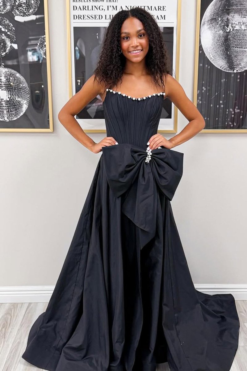 Pink - Strapless A Line Satin Pearl Long Formal Prom Dresses With Bow
