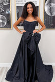 Pink - Strapless A Line Satin Pearl Long Formal Prom Dresses With Bow