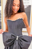 Pink - Strapless A Line Satin Pearl Long Formal Prom Dresses With Bow