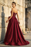 Pink - Strapless A Line Satin Pearl Long Formal Prom Dresses With Bow