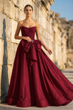 Pink - Strapless A Line Satin Pearl Long Formal Prom Dresses With Bow