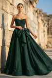 Pink - Strapless A Line Satin Pearl Long Formal Prom Dresses With Bow