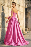 Pink - Strapless A Line Satin Pearl Long Formal Prom Dresses With Bow