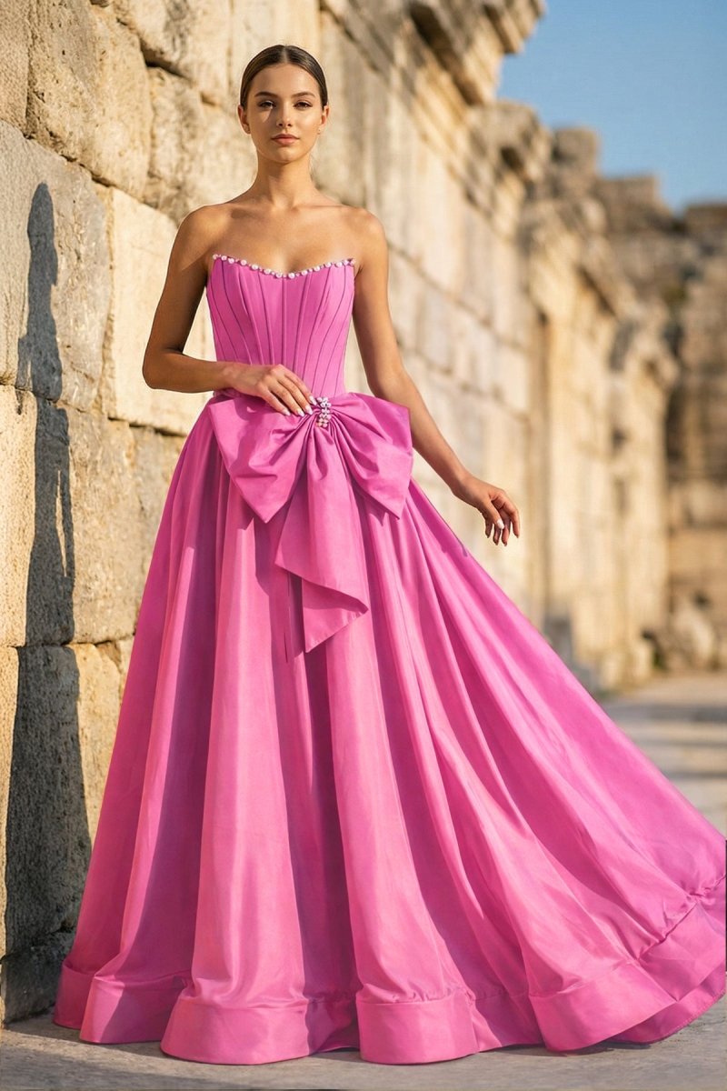 Pink - Strapless A Line Satin Pearl Long Formal Prom Dresses With Bow