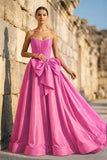 Pink - Strapless A Line Satin Pearl Long Formal Prom Dresses With Bow