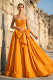 Pink - Strapless A Line Satin Pearl Long Formal Prom Dresses With Bow