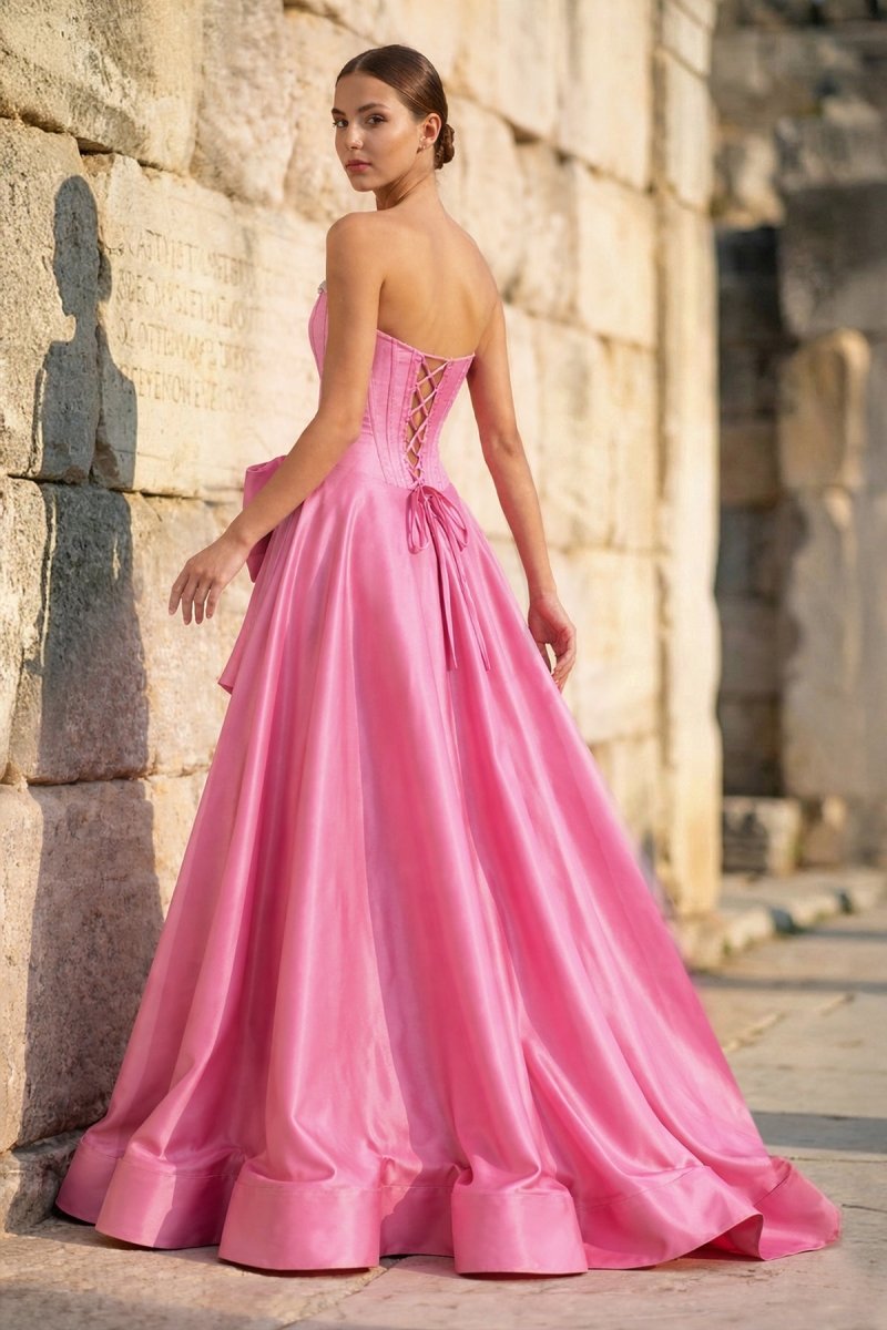 Pink - Strapless A Line Satin Pearl Long Formal Prom Dresses With Bow