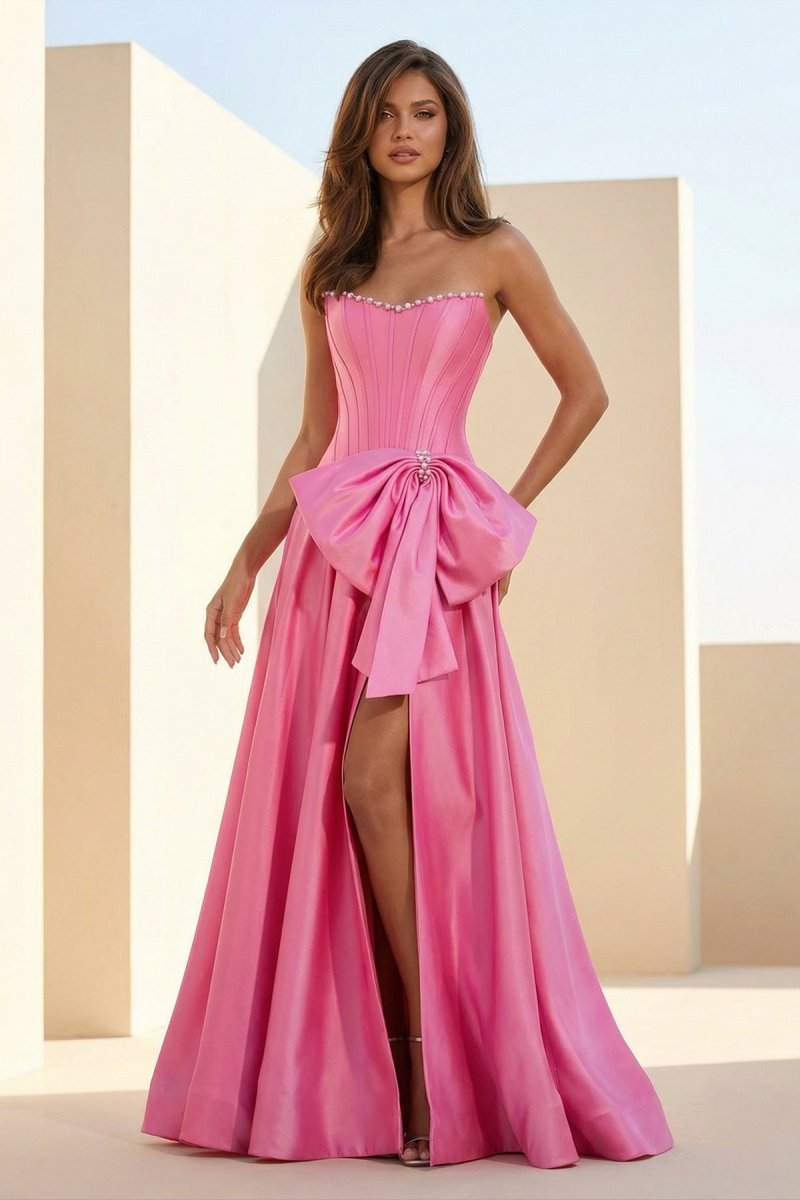 Pink - Strapless A Line Satin Pearl Long Formal Prom Dresses With Bow