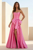 Pink - Strapless A Line Satin Pearl Long Formal Prom Dresses With Bow