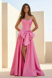 Pink - Strapless A Line Satin Pearl Long Formal Prom Dresses With Bow
