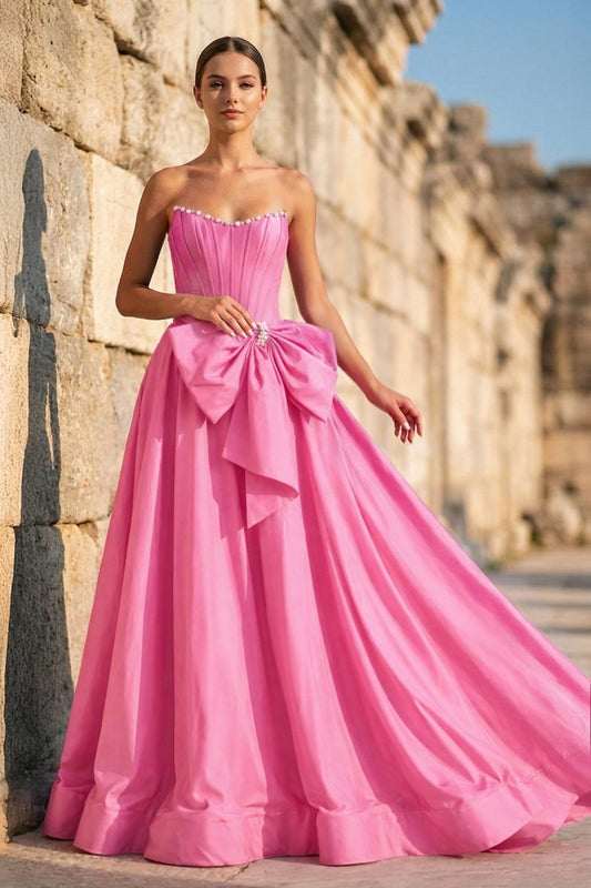 Pink - Strapless A Line Satin Pearl Long Formal Prom Dresses With Bow