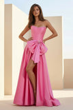 Pink - Strapless A Line Satin Pearl Long Formal Prom Dresses With Bow