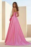 Pink - Strapless A Line Satin Pearl Long Formal Prom Dresses With Bow