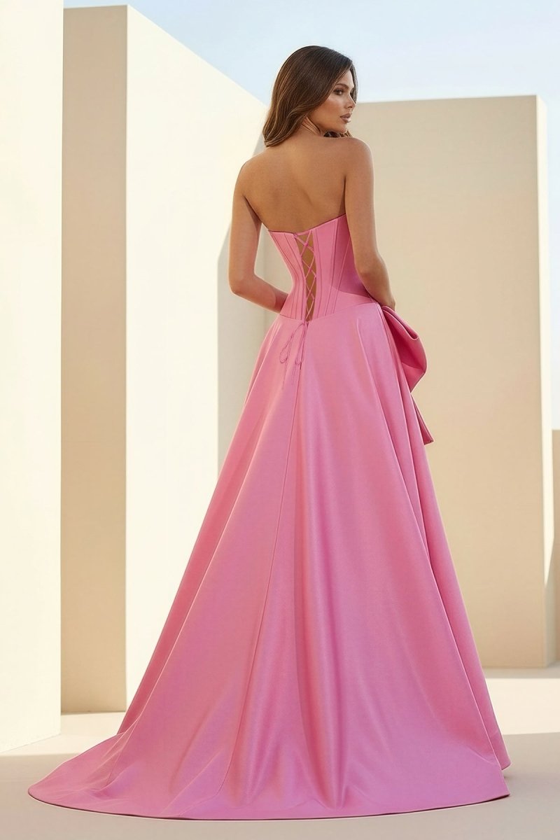 Pink - Strapless A Line Satin Pearl Long Formal Prom Dresses With Bow