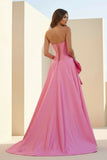 Pink - Strapless A Line Satin Pearl Long Formal Prom Dresses With Bow